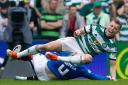Rangers midfielder John Lundstram scythes down Celtic defender Alistair Johnston at Parkhead on Saturday