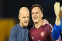 Steven Naismith congratulates Lawrence Shankland after his 30th Hearts goal of the season