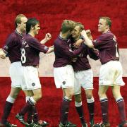 Joe Hamill celebrates scoring the winning goal at Ibrox for Hearts in 2004