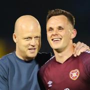 Steven Naismith congratulates Lawrence Shankland after his 30th Hearts goal of the season